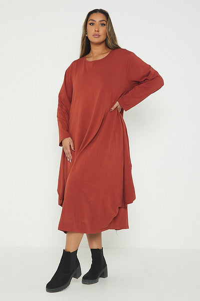 One Size Long Sleeved Waterfall Hem Midi Dress