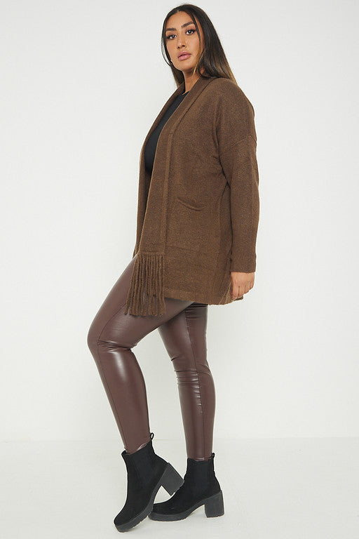 One Size Fringe Hem Pocket Cardigan Jumper