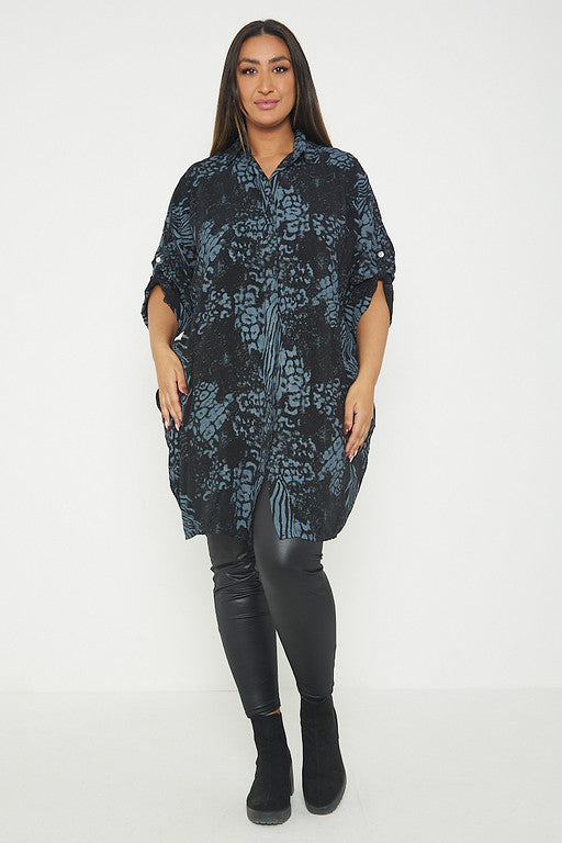 One Size Animal Print Turn Up Sleeve Shirt With Pockets