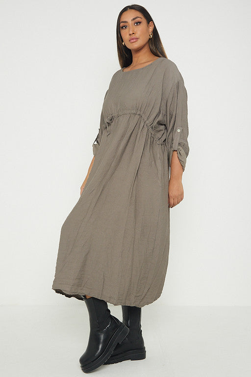 One Size  Crepe Turn Up Sleeve Pocket Midi Long Dress