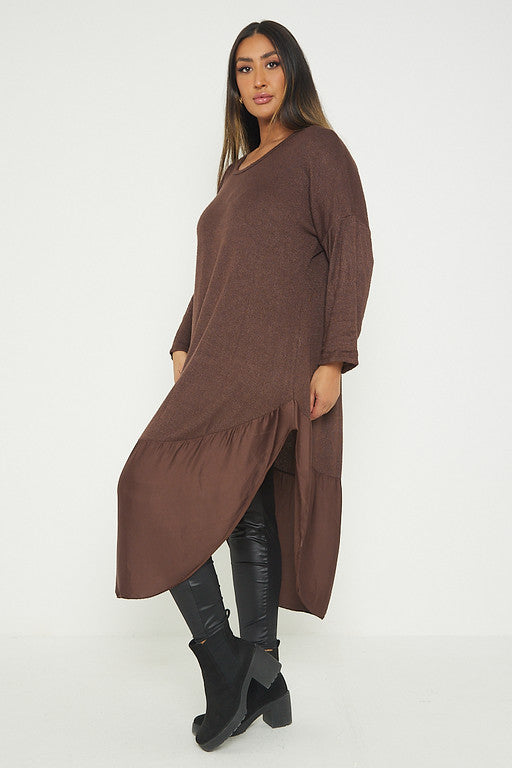 One Size Round Neck Knitted Jumper Dress With Satin Hem