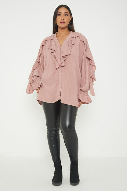 One Size Ruffle Detail Crinkle Lurex Shirt Blouse