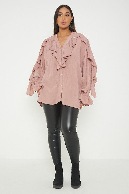 One Size Ruffle Detail Crinkle Lurex Shirt Blouse