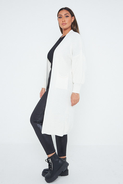 One Size Mid Length Knit Pocket Cardigan