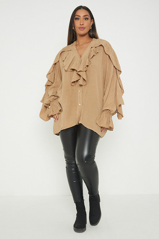 One Size Ruffle Detail Crinkle Lurex Shirt Blouse