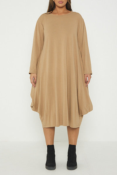 One Size Long Sleeved Waterfall Hem Midi Dress