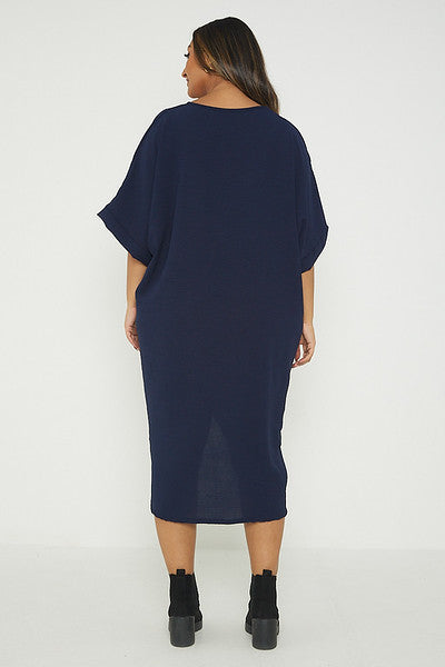 One Size Twist Front Mid Sleeve Midi Tunic Dress