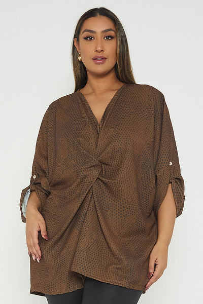 One Size Snake Print Twist Front Turn Up Sleeve Blouse