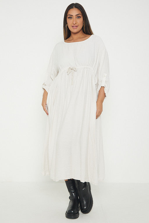 One Size  Crepe Turn Up Sleeve Pocket Midi Long Dress