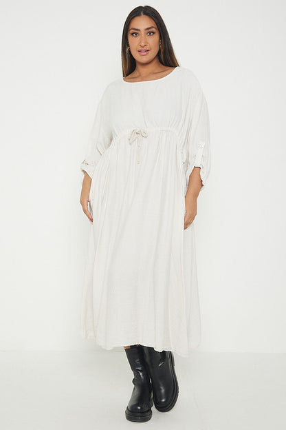 One Size  Crepe Turn Up Sleeve Pocket Midi Long Dress