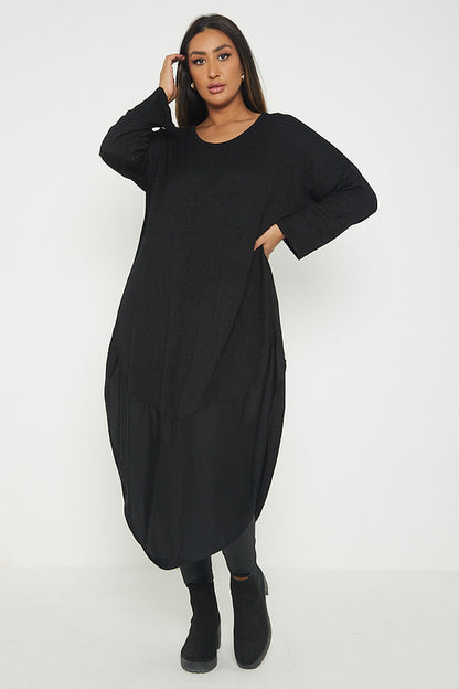 One Size Round Neck Knitted Jumper Dress With Satin Hem