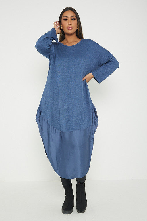 One Size Round Neck Knitted Jumper Dress With Satin Hem