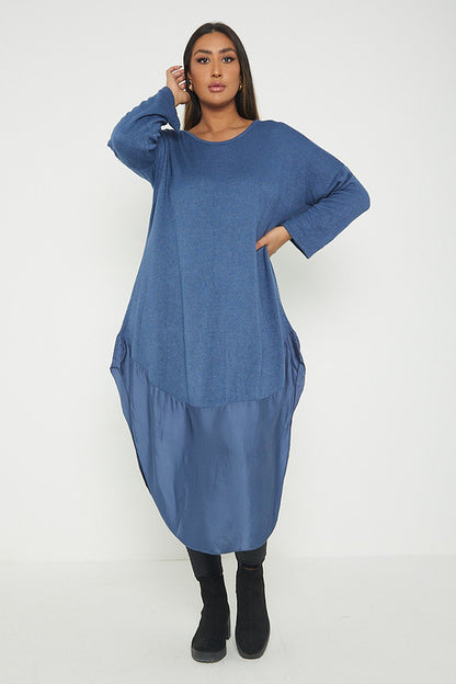 One Size Round Neck Knitted Jumper Dress With Satin Hem