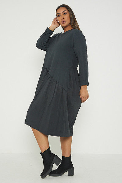 One Size Asymmetrical Skirt Long Sleeve Midi Dress