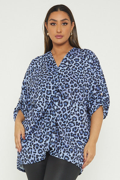 One Size Leopard Print Twist Front Turn Up Sleeve Blouse