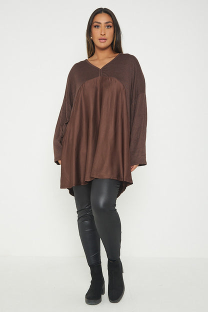 One Size V Neck Knitted Top With Satin Front