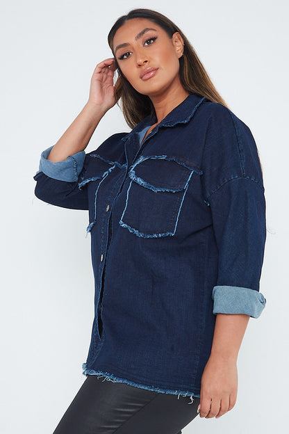 One Size Dark Denim Distressed Denim Shirt