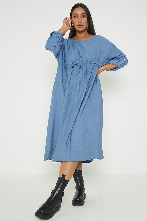 One Size  Crepe Turn Up Sleeve Pocket Midi Long Dress