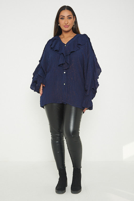 One Size Ruffle Detail Crinkle Lurex Shirt Blouse