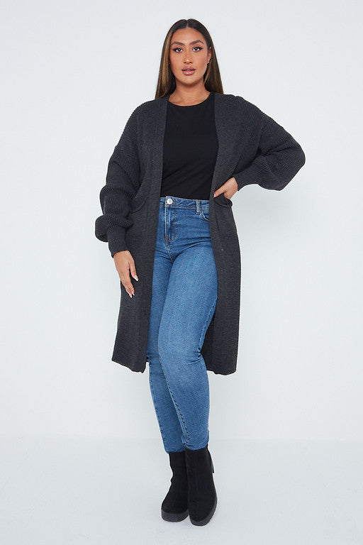One Size Mid Length Knit Pocket Cardigan