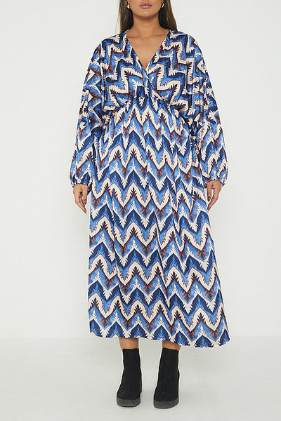 One Size Abstract Print Balloon Sleeve Maxi Long Dress
