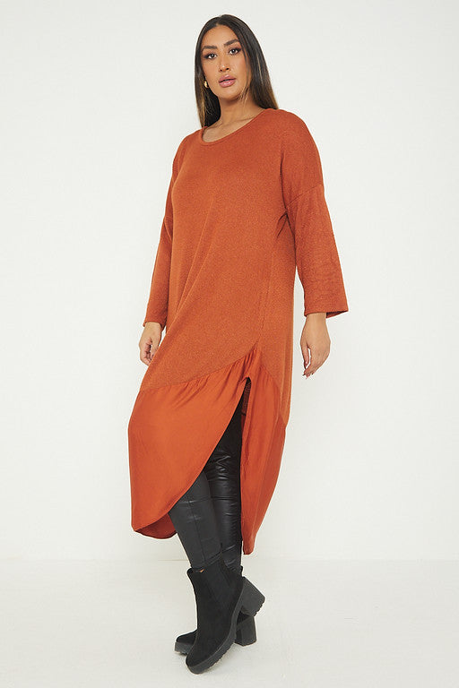 One Size Round Neck Knitted Jumper Dress With Satin Hem
