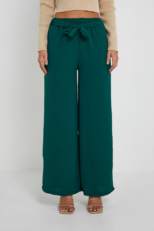 Elasticated Waist Belted Straight Flare Crepe Trousers