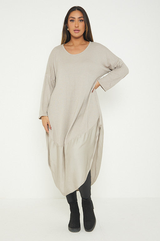 One Size Round Neck Knitted Jumper Dress With Satin Hem