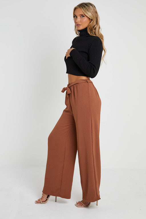 Elasticated Waist Belted Straight Flare Crepe Trousers
