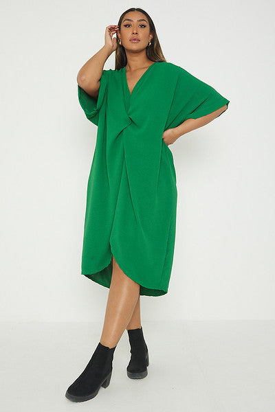 One Size Twist Front Mid Sleeve Midi Tunic Dress