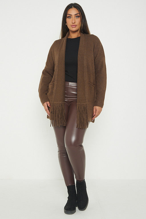 One Size Fringe Hem Pocket Cardigan Jumper