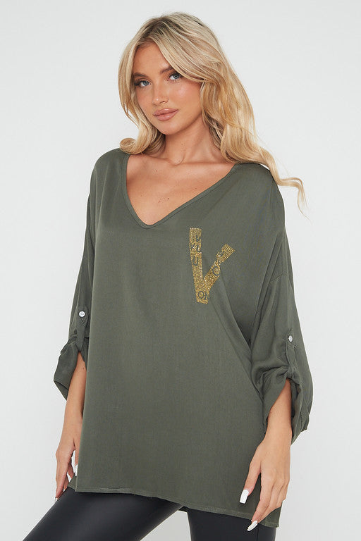One Size 'V' Embellished V Neck Top