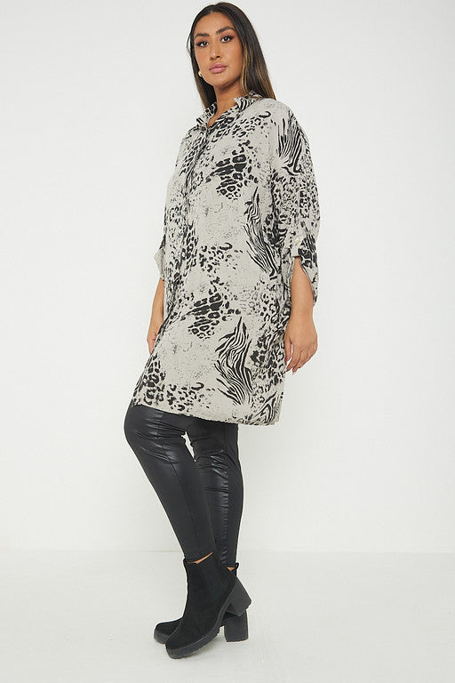 One Size Animal Print Turn Up Sleeve Shirt With Pockets