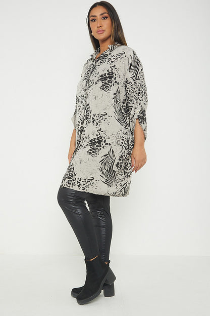 One Size Animal Print Turn Up Sleeve Shirt With Pockets