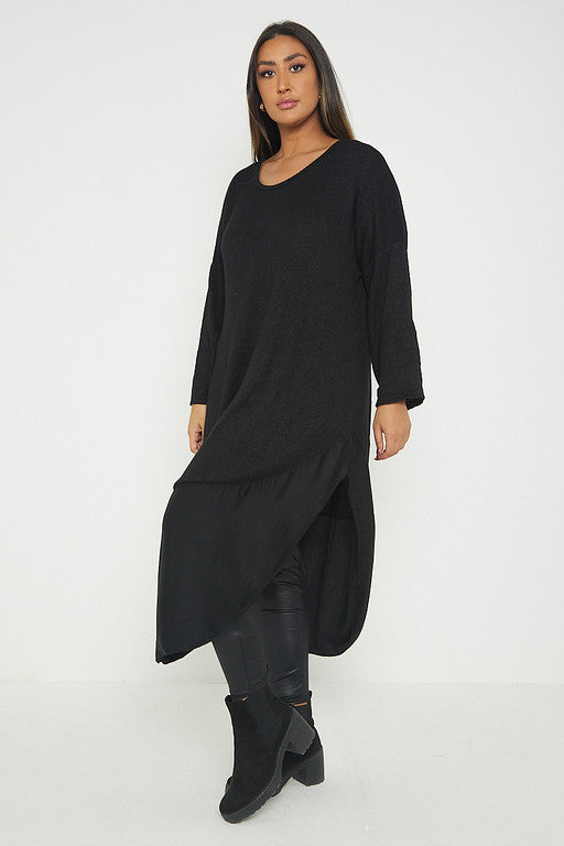 One Size Round Neck Knitted Jumper Dress With Satin Hem