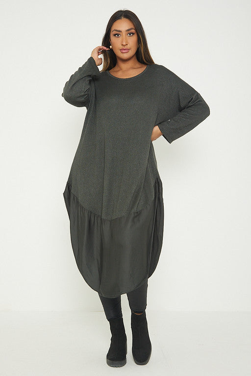 One Size Round Neck Knitted Jumper Dress With Satin Hem