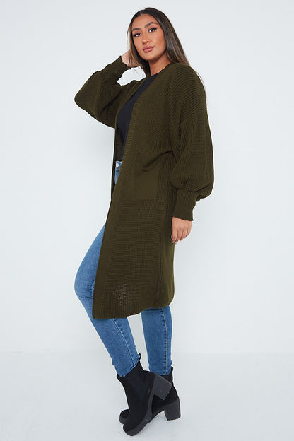 One Size Mid Length Knit Pocket Cardigan