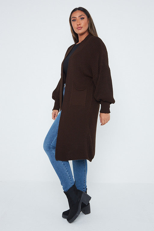 One Size Mid Length Knit Pocket Cardigan