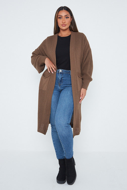 One Size Mid Length Knit Pocket Cardigan