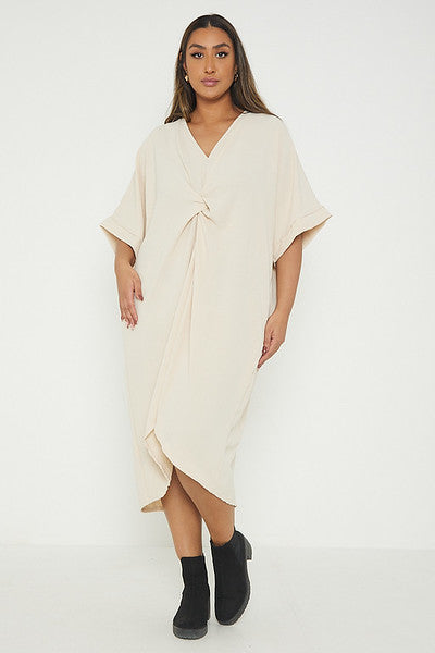 One Size Twist Front Mid Sleeve Midi Tunic Dress