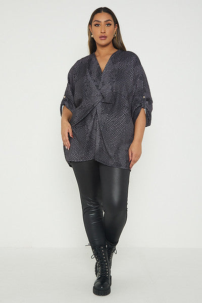 One Size Snake Print Twist Front Turn Up Sleeve Blouse