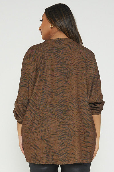 One Size Snake Print Twist Front Turn Up Sleeve Blouse