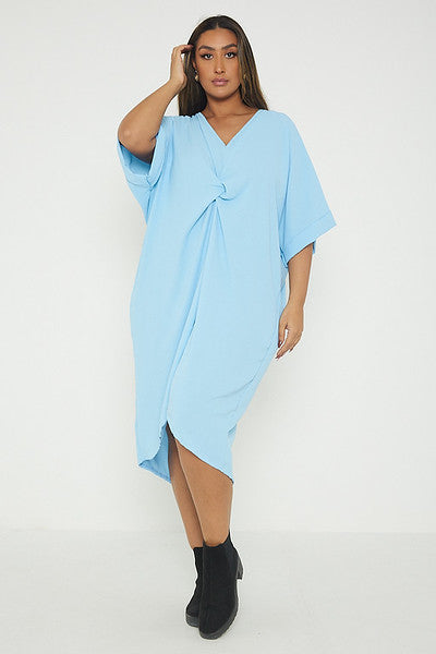 One Size Twist Front Mid Sleeve Midi Tunic Dress