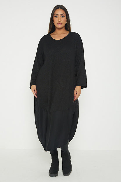 One Size Round Neck Knitted Jumper Dress With Satin Hem