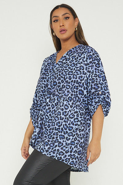 One Size Leopard Print Twist Front Turn Up Sleeve Blouse