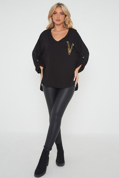 One Size 'V' Embellished V Neck Top