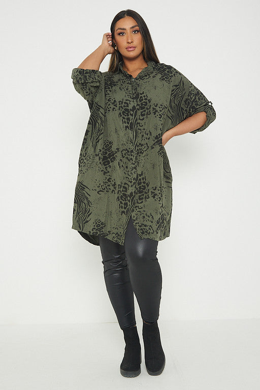 One Size Animal Print Turn Up Sleeve Shirt With Pockets