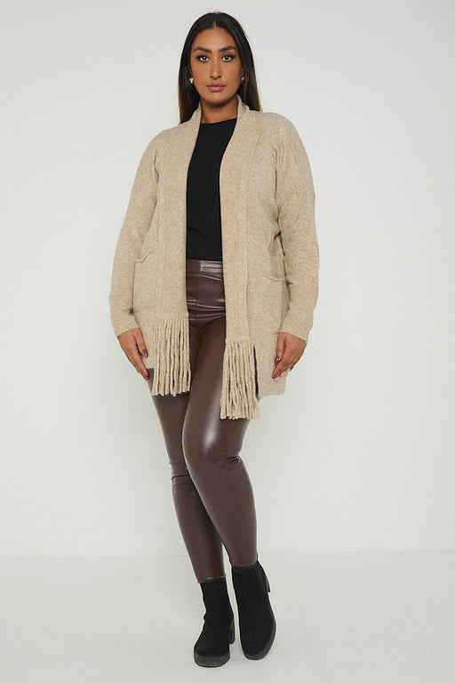 One Size Fringe Hem Pocket Cardigan Jumper