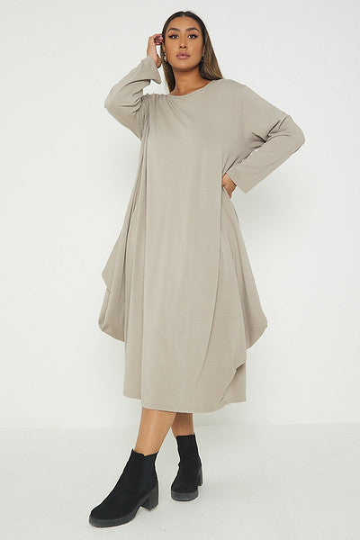 One Size Long Sleeved Waterfall Hem Midi Dress