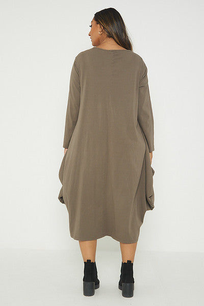 One Size Long Sleeved Waterfall Hem Midi Dress